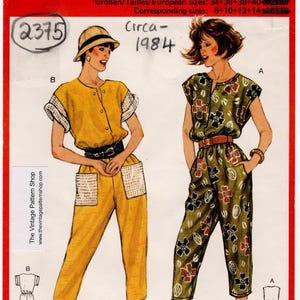 Puede incluir: Patrón de costura Burda super-easy 6975, circa 1984, para un mono con mangas cortas. El patrón incluye dos variaciones: una en amarillo y otra en verde con estampado floral. El patrón está etiquetado con el número 2375.