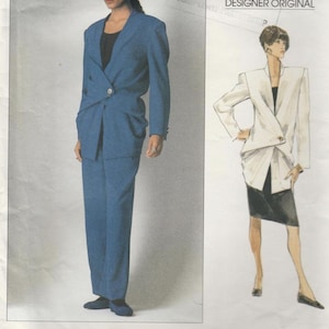 May include: A Vogue Patterns sewing pattern envelope for an Issey Miyake designer original, number 2428. The front displays a photograph of a blue blazer and matching trousers, alongside a fashion illustration of a white blazer and black skirt.