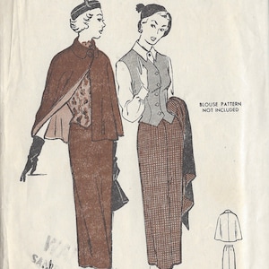 May include: Vintage sewing pattern for a skirt and cape, Butterick pattern number 4763, size 18, bust 36, price 50 cents. The pattern includes a drawing of two women wearing the skirt and cape, one with a patterned blouse and the other with a vest. The pattern also includes a drawing of the skirt and cape separately.