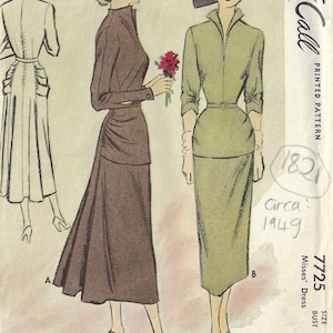 May include: Vintage McCall's sewing pattern for a misses' dress, size 16, bust 34, 75c. The pattern is from 1949 and features two styles: a brown dress with a skirt and a green dress with a skirt. The pattern is printed on paper with a light brown background.