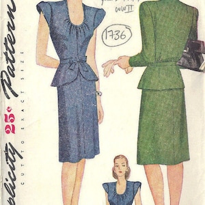 1944 WW11 Vintage Sewing Pattern B32&quot; DRESS with DETACHABLE PEPLUM (1736)   Simplicity 1172