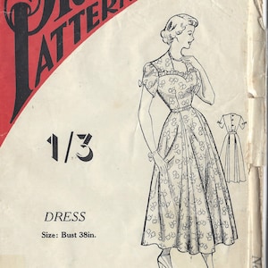 May include: A vintage sewing pattern for a dress with a 38 inch bust. The pattern includes instructions for a dress with a fitted bodice and a full skirt. The pattern is printed on a white background with black text and illustrations. The pattern is labeled "The Practical Patterns" and "1/3".