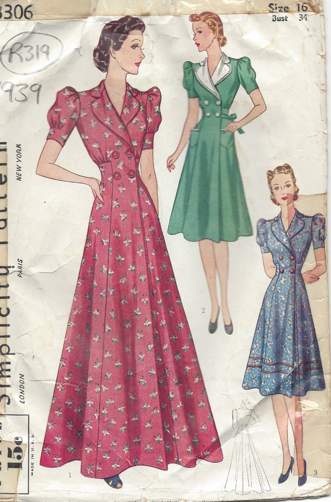 Patron De Couture Vintage Simplicity 2824 - Robe Année 1939, Taille B34, Neuf