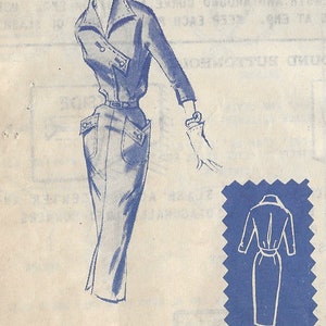 May include: A blue and white illustration of a dress with a triangular closure, deep pockets, and a slim skirt. The text "D-255-Daytime dress featuring triangular closing bodice front, and well-deep pockets on slim skirt. Select fine faille or silk crepe." is below the illustration.