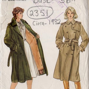May include: Vintage Vogue sewing pattern for a trench coat. The pattern number is 8121, size 14. The pattern includes instructions for a green and a beige trench coat. The bust measurement is 36 inches. The pattern is circa 1982.