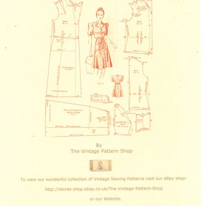 May include: A guide to grading and resizing vintage sewing patterns. The guide includes instructions and diagrams for adjusting the size of a dress pattern. The text includes the phrase "The Vintage Pattern Shop" and a website address.