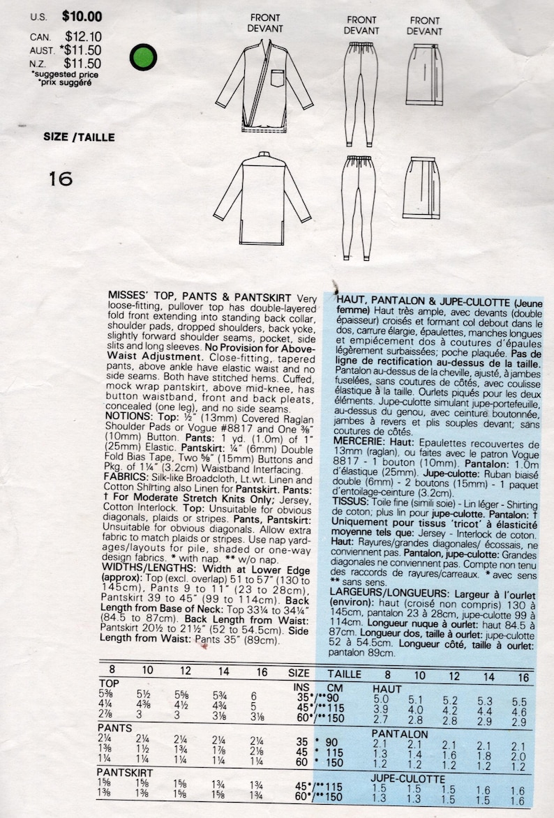 1986 Vintage VOGUE Sewing Pattern (bust: 38 In) Top, Pants & Pantskirt ...