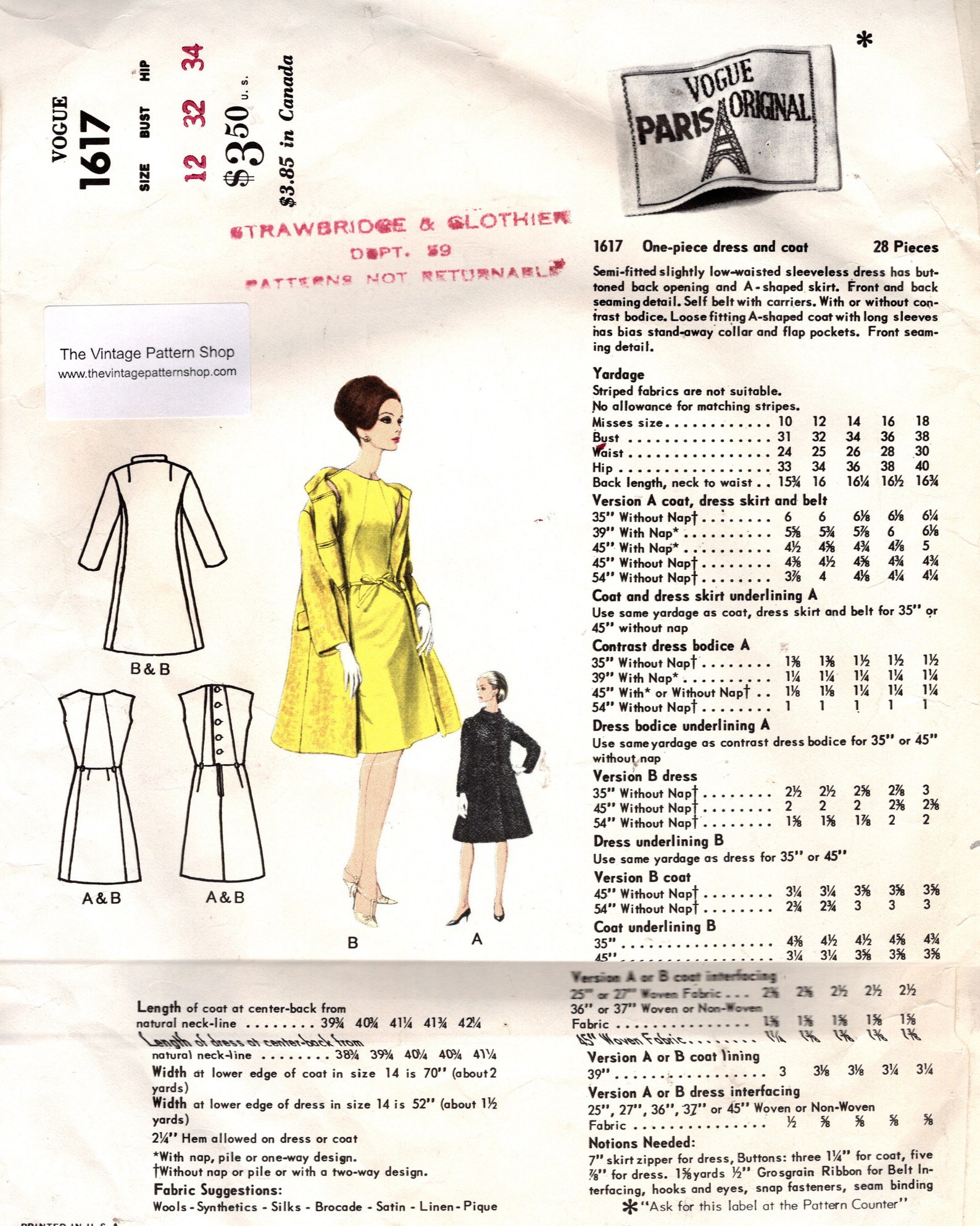 Patron De Robe Vintage Vogue 1954 - Motif B32 - Neuf