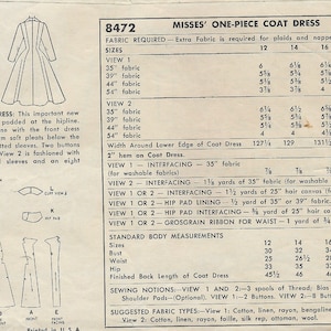 1952 Vintage Sewing Pattern B30 COAT 1172 Simplicity 8472 image 2