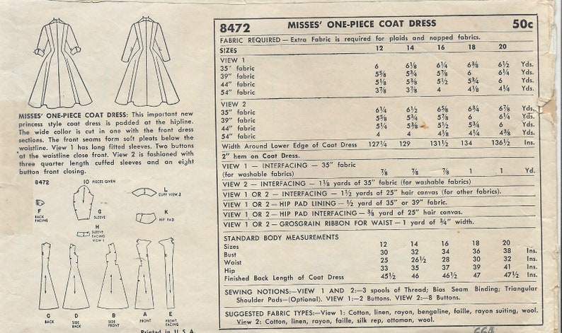 1952 Vintage Sewing Pattern B30 COAT 1172 Simplicity 8472 image 2