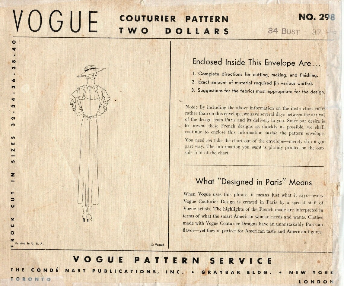 Manteau Vintage Vogue Couture 1953 - Modèle B34 Coolie, 91.4cm, Motif Original