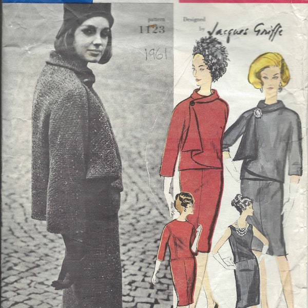 1961 Vintage VOGUE Sewing Pattern B31 Dress & Jacket (1339) By Jacques Griffe Vogue 1123