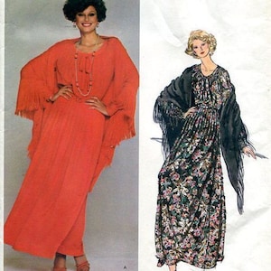 May include: Vogue Paris Original sewing pattern featuring two Christian Dior designs. One is a long, flowing orange dress with fringe sleeves. The other is a floral print dress with a black shawl. The pattern number is 1319.