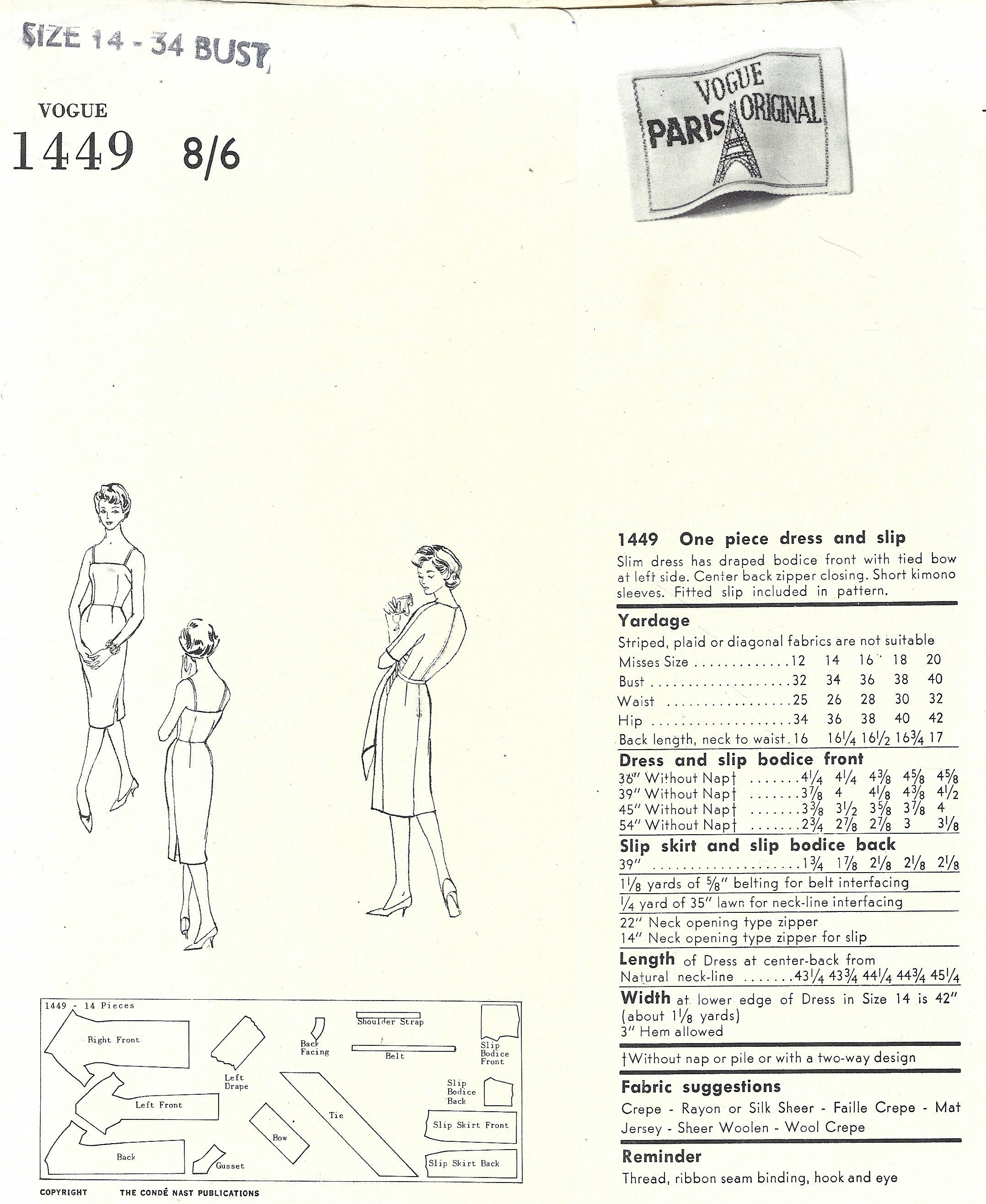 Patron De Couture Vogue 1966 Jacques Griffe - Manteau Et Robe Motif B34 (1783R) - Neuf Vintage