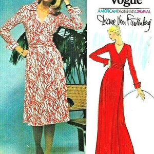 May include: A vintage sewing pattern for a wrap dress by Diane Von Furstenberg. The pattern is titled "Very Easy Vogue" and features a red and white patterned dress and a solid red dress. The pattern number is 1549.