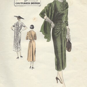 May include: A vintage Vogue Couturier Design pattern for a dress, featuring a green dress with a fitted bodice and a skirt with a slight A-line shape. The dress has a belt and buttons down the front. The pattern also includes a matching jacket with a shawl collar and long sleeves. The pattern is from 1953 and is number 1203.