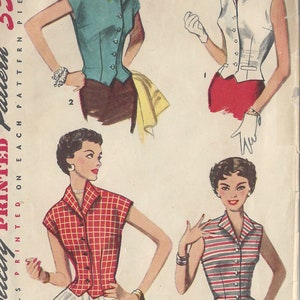 May include: Vintage sewing pattern for a sleeveless blouse with a collar and button closure. The pattern is printed on each pattern piece and is size 12, bust 30 inches. The pattern shows four different styles of the blouse, including a turquoise, white, red plaid, and striped version.