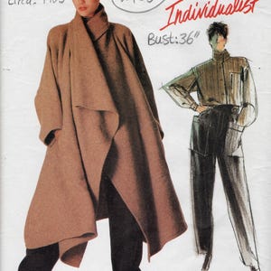 May include: Vintage Vogue Patterns Individualist sewing pattern from 1985. The pattern features a woman wearing a brown coat and black trousers. The bust size is 91 cm. The pattern is by Issey Miyake, pattern number 1476.