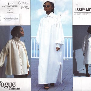 May include: A Vogue Patterns sewing pattern envelope for an Issey Miyake design, circa 1995, size 10, bust 32.5 inches. The envelope displays three variations of a white shirt or dress with a collar, button-front placket, and voluminous sleeves.