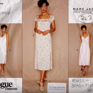 May include: Vintage Vogue Patterns sewing pattern featuring three dress designs. The pattern includes a floral print dress, a white slip dress, and a dress with spaghetti straps. The bust measurements are 77.5 - 82.5 cm.