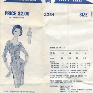 May include: A vintage sewing pattern for a dress, featuring a blue and white checkered pattern. The pattern is for sizes 12 to 18 and includes instructions for seam binding, a magic tab, a zipper, and buttons. The pattern is titled "Modes Royale" and the price is $2.00.