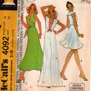 May include: Vintage sewing pattern for a wrap top, middy top, and skirt. The pattern is for unbonded stretchable knits and is from McCall's, pattern number 4092. The pattern is circa 1974.