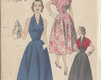 May include: Vintage sewing pattern for a dress with a fitted bodice and a full skirt. The pattern is for size 16, bust 34, hip 37. The pattern is from Advance, pattern number 6397.