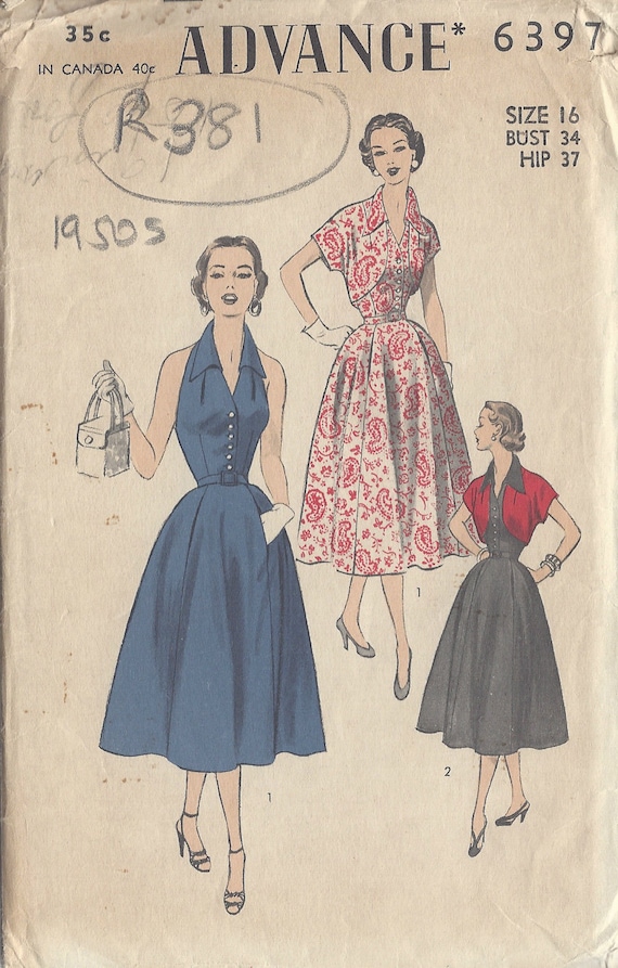 1950s Vintage Sewing Pattern B34" HALTERNECK DRESS & BOLERO (R381) Advance  6397