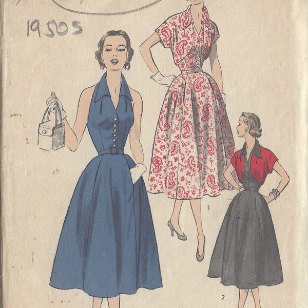 1950s Vintage Sewing Pattern B34" HALTERNECK DRESS & BOLERO (R381) Advance 6397