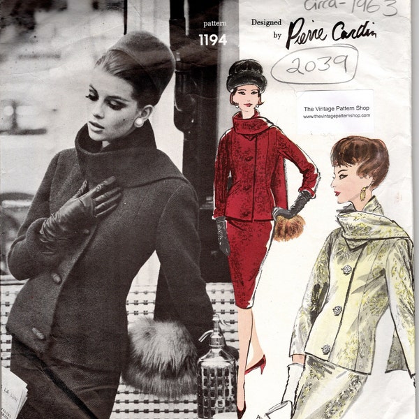 1963 vintage VOGUE Couture Pattern BUSTE : 32″ Costume – Veste Jupe et Écharpe (2039R) Par Pierre Cardin Vogue 1194