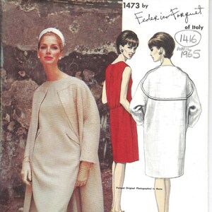 May include: A vintage Vogue Couturier Design pattern for a dress, featuring a white dress with a collar and a red dress with a sleeveless design. The pattern is from April 1965 and was designed by Federica Forquet of Italy.