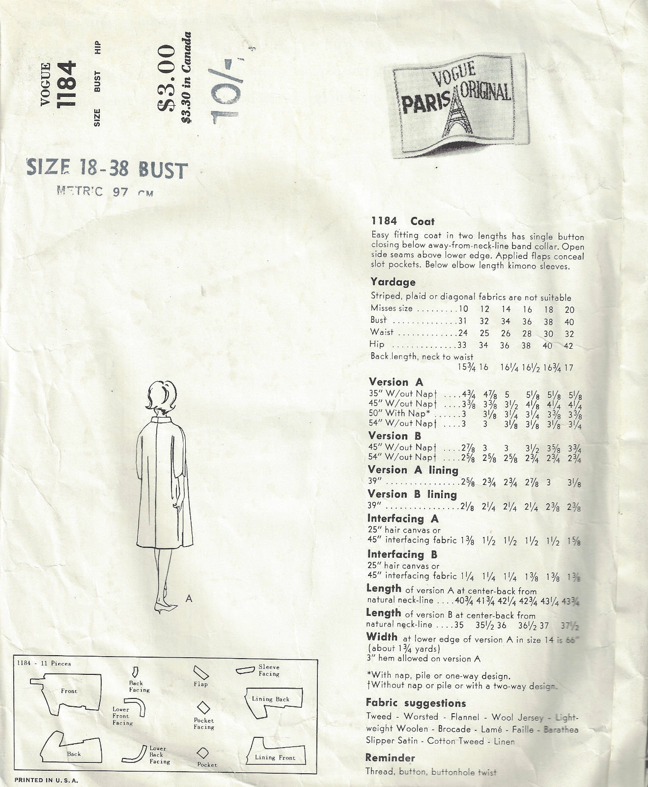Patron De Couture Vogue Vintage 1963 - Chemisier Motif B38 - Taille 38 - Pièces Non Découpées