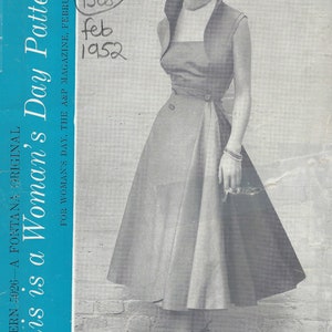 May include: A vintage sewing pattern for a dress, featuring a woman wearing a sleeveless dress with a wide skirt. The pattern is from Woman's Day magazine, February 1952, and is size 16, bust 34. The pattern is priced at 35 cents.