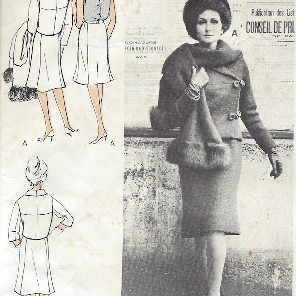 1960s Vintage VOUE Sewing Pattern B34 SUIT Jacket Skirt Blouse SCARF (1382R) Dior Vogue 11119