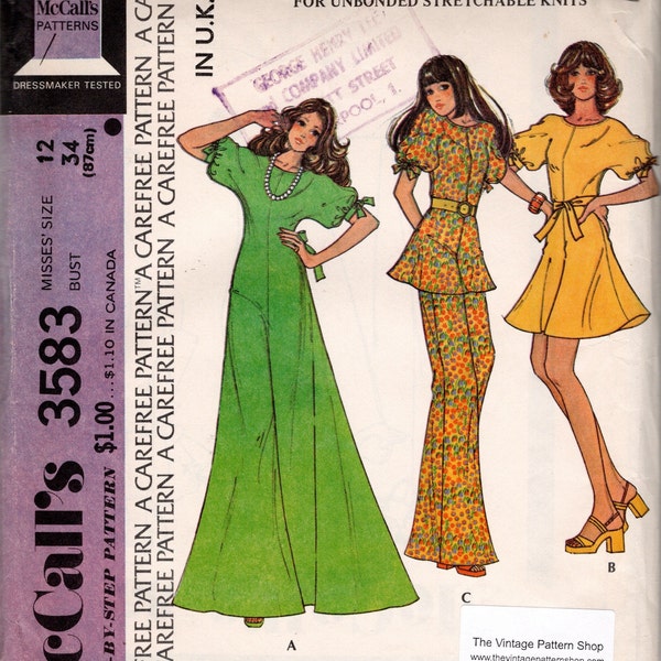 1973 Patrón de costura vintage B34in vestido top y pantalones (2064) por McCall's 3583