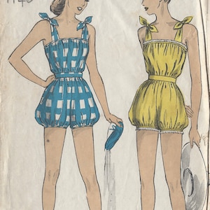 May include: Vintage 1946 Du Barry Patterns sewing pattern for a swimsuit. The pattern is for size 30 bust and includes two different styles. One style is a blue and white gingham swimsuit with a gathered skirt. The other style is a solid yellow swimsuit with a gathered skirt.