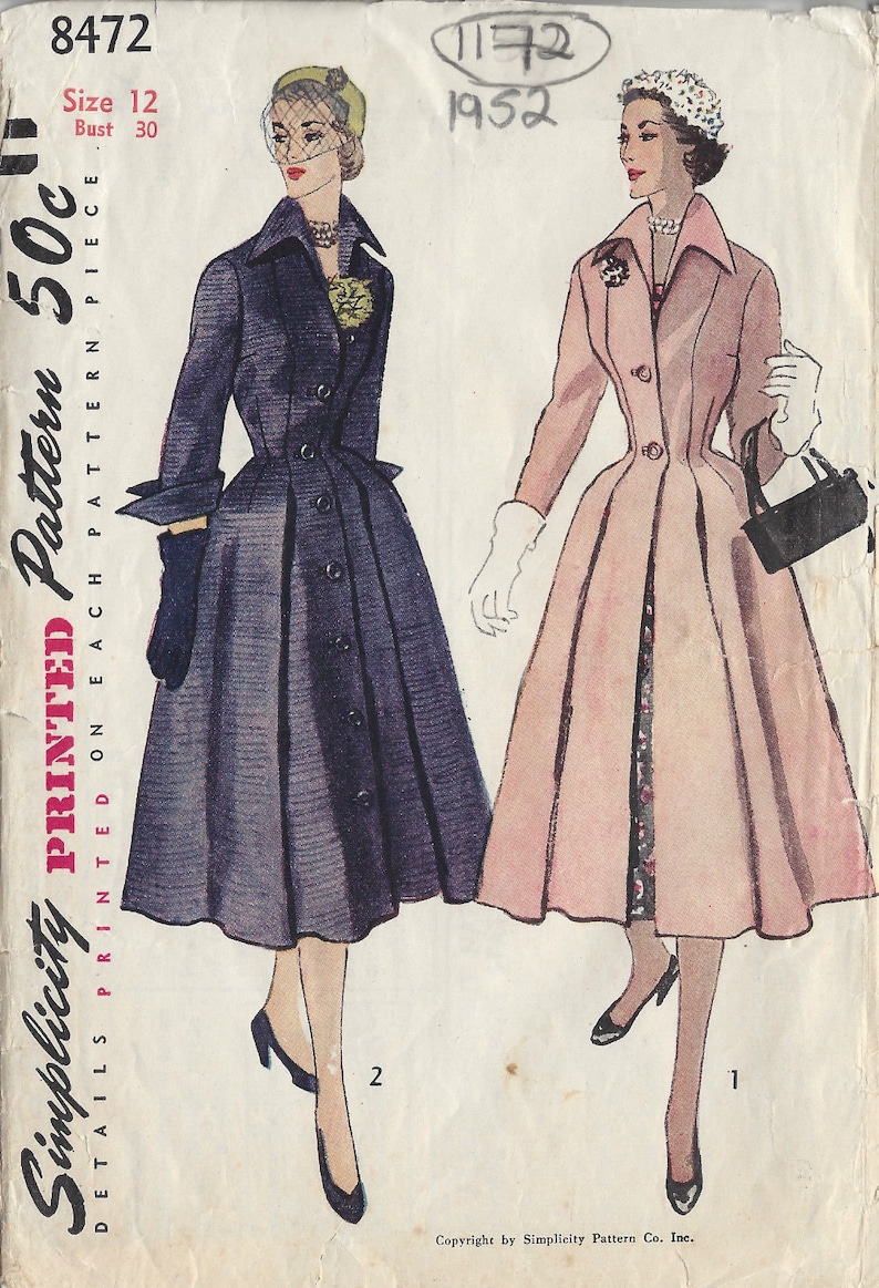 1952 Vintage Sewing Pattern B30 COAT 1172 Simplicity 8472 image 1