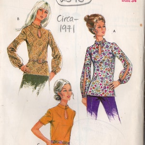 May include: Vintage sewing pattern cover featuring illustrations of three different blouses. The blouses have keyhole necklines and long sleeves. The cover includes the text "Style", "Size 12 Bust 34", and "Circa-1971".