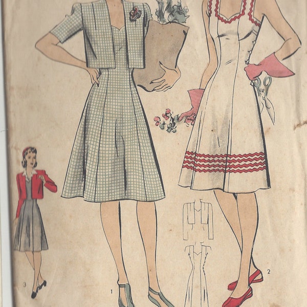 1940s Vintage Sewing Pattern B38" DRESS & BOLERO JACKET (240) By Hollywood Pattern 1154