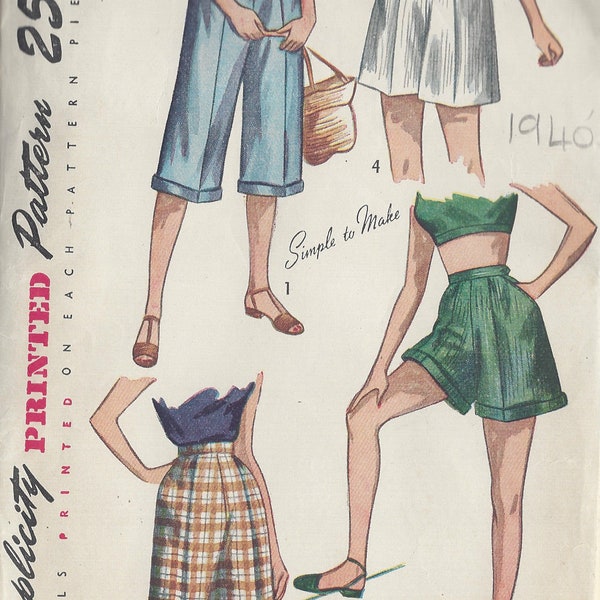 1949 Vintage Sewing Pattern W28 PEDAL PUSHERS & SHORTS (R823)  Simplicity 2853