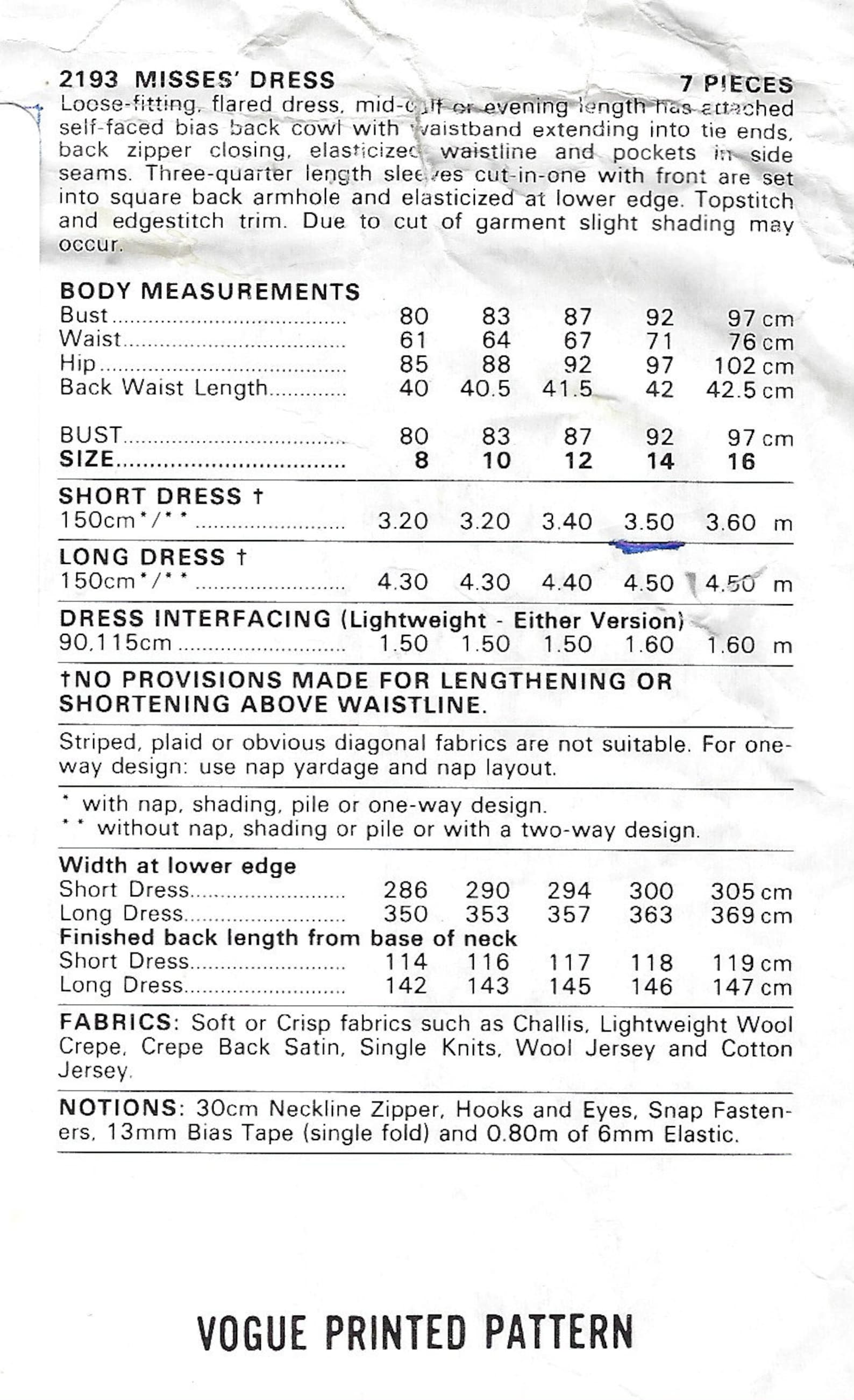 V1979 Pattern 1979 Vintage VOGUE Sewing Pattern DRESS B36″ (1860) by Jerry Silverman ...