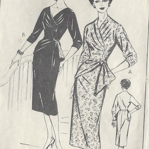 May include: Vintage sewing pattern for a dress with a wrap style bodice and a skirt. The pattern is for size 36 and is from the 1950s. The pattern number is 1069 and the price is $3.00.