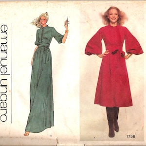 Könnte beinhalten: Vogue Paris Original Schnittmuster 1758 von Emanuel Ungaro. Das Schnittmuster zeigt zwei Kleiddesigns, eines in Grün und eines in Rot.