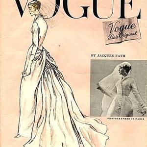 Puede incluir: Una portada de revista Vogue vintage con una ilustración en blanco y negro de una mujer con un vestido de novia. El texto de la portada dice "Vogue Paris Original" y "Por Jacques Fath".