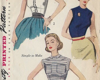 1952 Vintage Sewing Pattern B32 BLOUSE (1283)  By Simplicity 3891