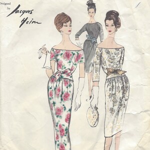 May include: Vintage Vogue Paris Original sewing pattern designed by Jacques Heim. The pattern features three women wearing different dresses. The dress on the left is a floral print, the dress in the middle is a solid colour, and the dress on the right is a patterned print.