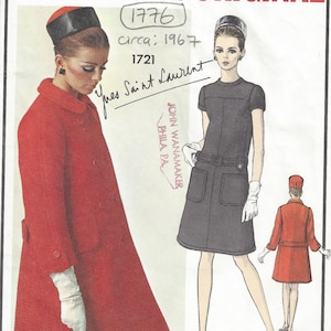 1967 Vintage VOGUE Sewing Pattern B34 COAT & DRESS (1776) By Yves Saint Laurent Vogue 1721