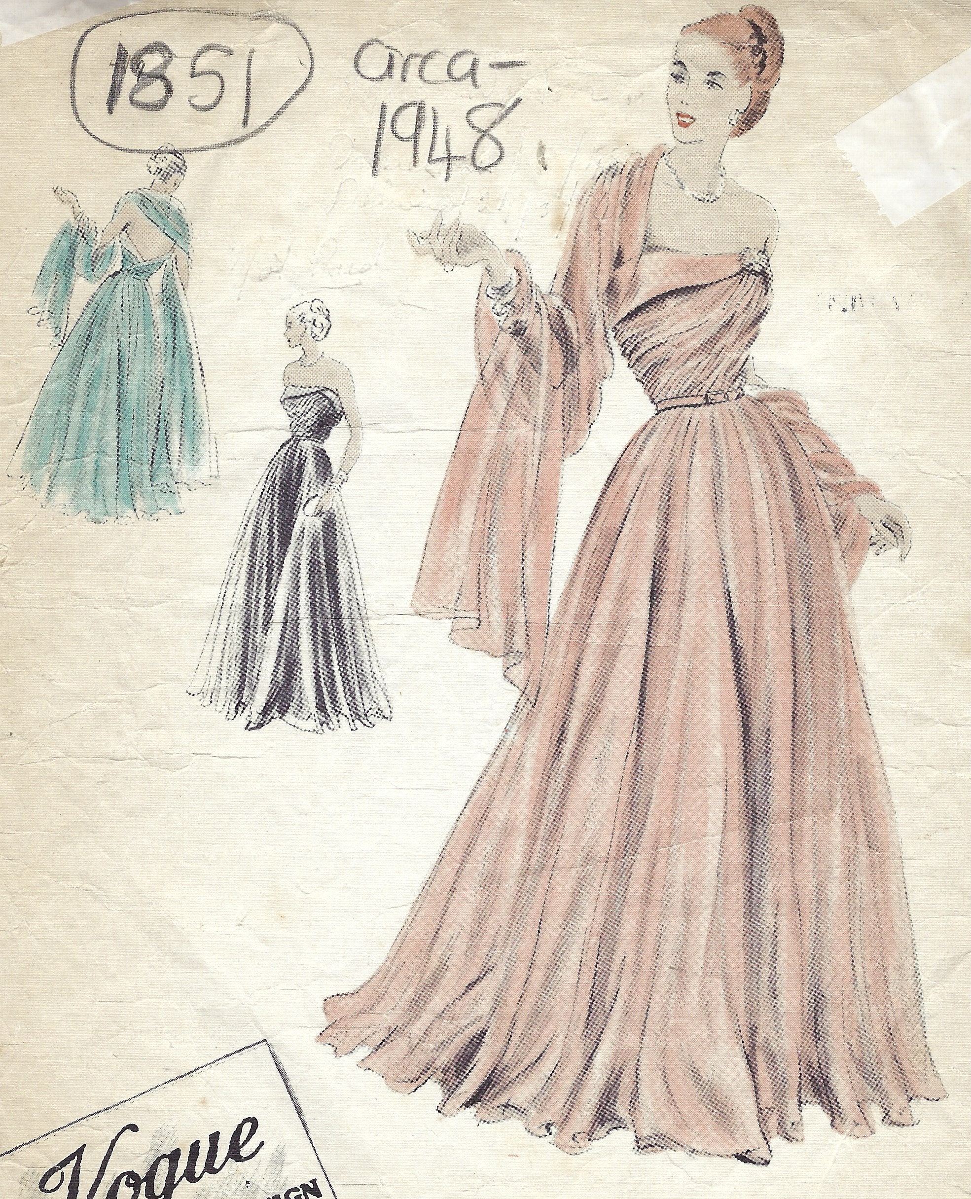 Patron De Robe Vintage Vogue Couture 1948 - Taille B34 (91,4-96,5 Cm) - Neuf, Pièces Non Découpées - Modèle R390