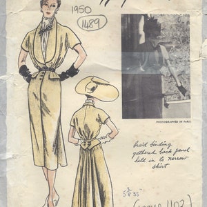 1950 Vintage VOGUE Costura Padrão B36 VESTIDO E LENÇO (1489) Por Jacques Fath para Vogue 1102