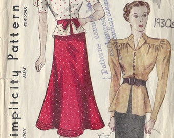 Vintage naaipatroon jaren 1930 B36 W30 ROK & BLOUSE (1287) Eenvoud 2312